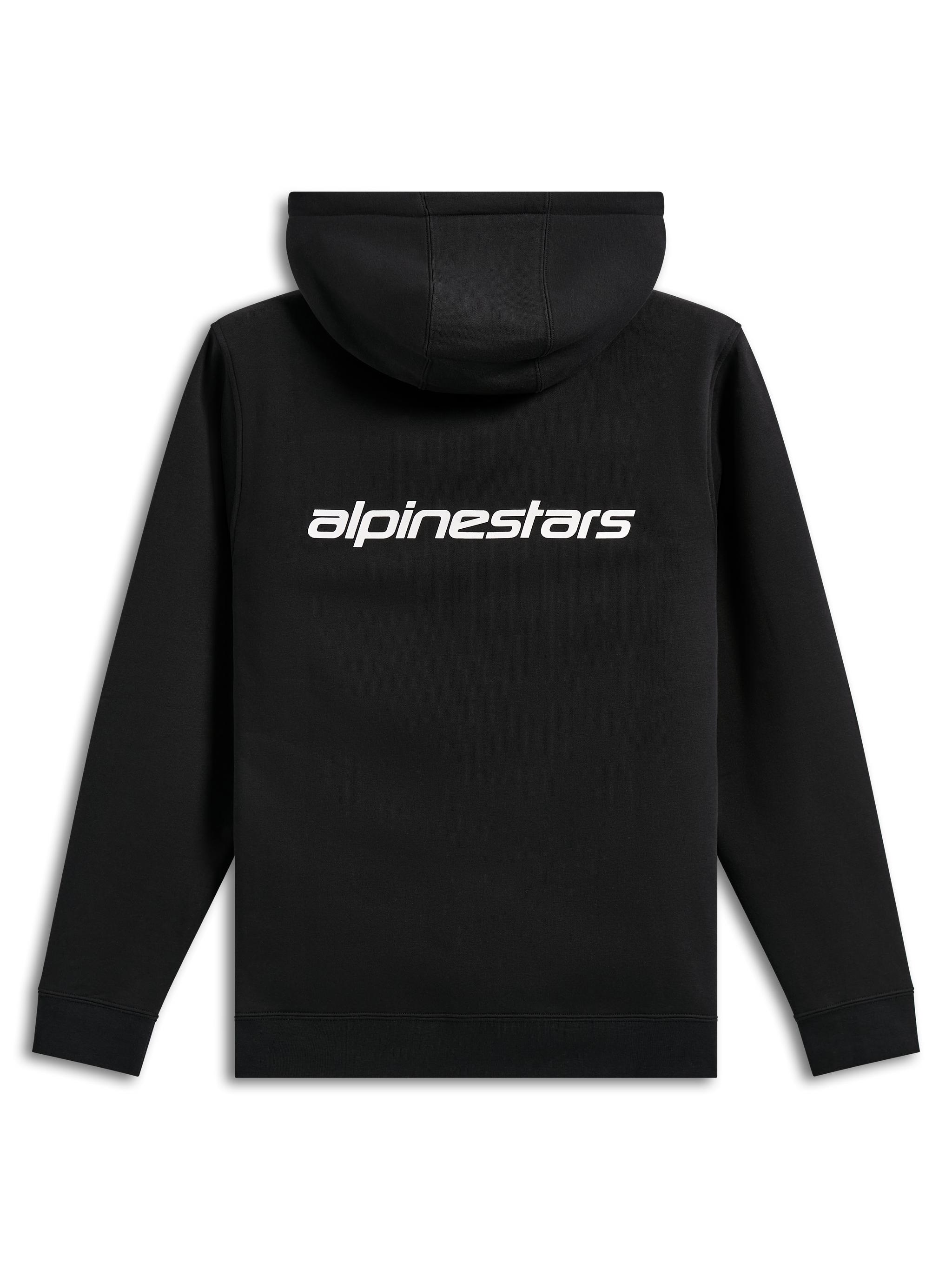 Alpinestars Transverse Hoodie, casual streetwear, svart med vit Alpinestars-ordlogotyp på ryggen, huvtröja i fleece, ribbade muddar och fåll, modern motorsportinspirerad design