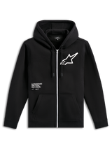 Alpinestars Transverse Hoodie, svart fleecehuvtröja med dragkedja fram, vit dragkedja, stor vit Astars-logotyp på bröstet, 'One Goal, One Vision'-grafik, huva med dragsnöre och ribbade muddar, casual motorsport-streetwear