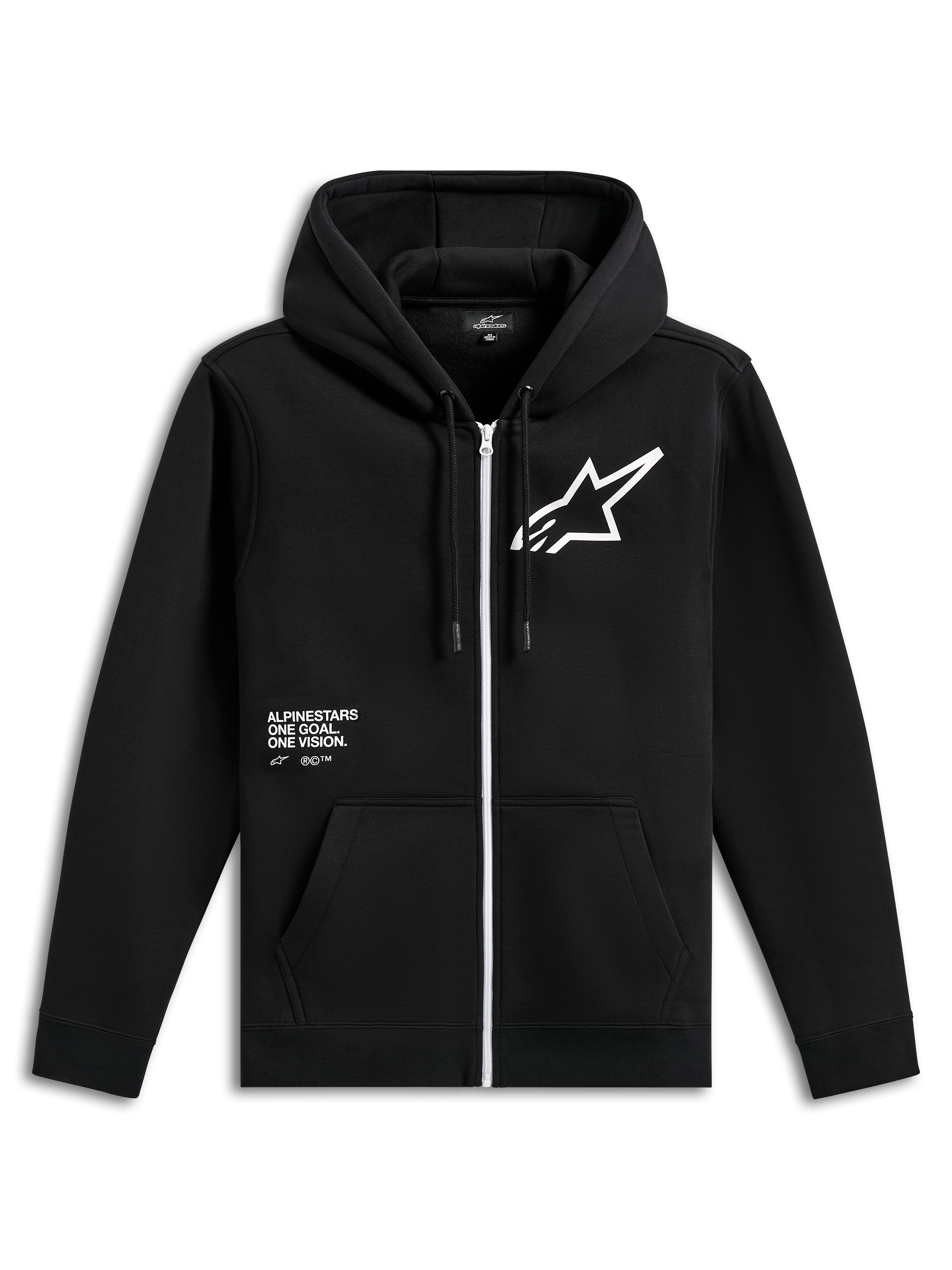 Alpinestars Transverse Hoodie, svart fleecehuvtröja med dragkedja fram, vit dragkedja, stor vit Astars-logotyp på bröstet, 'One Goal, One Vision'-grafik, huva med dragsnöre och ribbade muddar, casual motorsport-streetwear