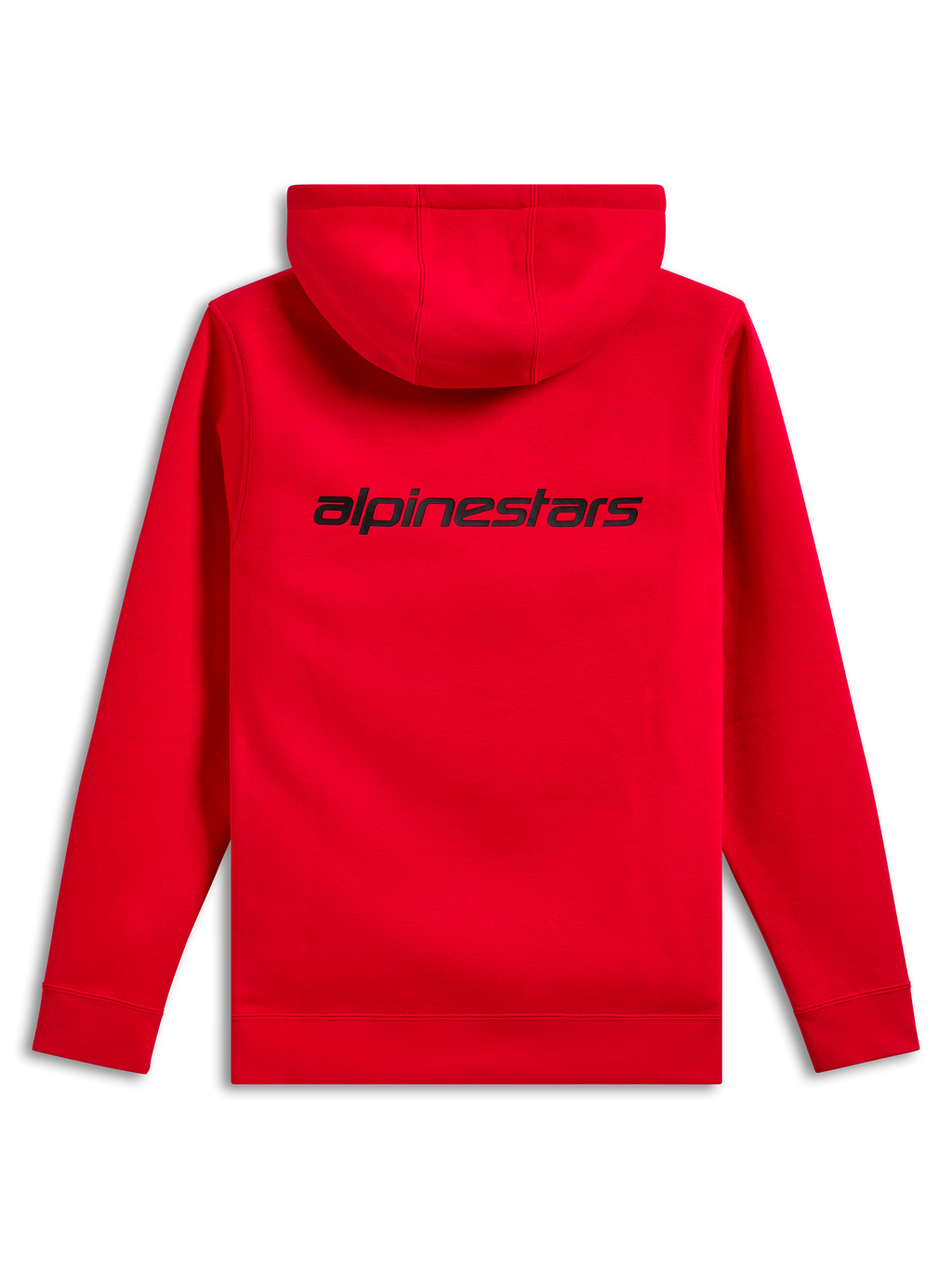 Alpinestars Transverse Hoodie, baksida, röd, med en svart Alpinestars-ordlogotyp på övre delen av ryggen, avslappnad huvtröja med ribbade muddar och fåll.