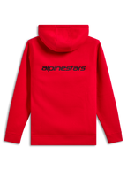 Alpinestars Transverse Hoodie, baksida, röd, med en svart Alpinestars-ordlogotyp på övre delen av ryggen, avslappnad huvtröja med ribbade muddar och fåll.