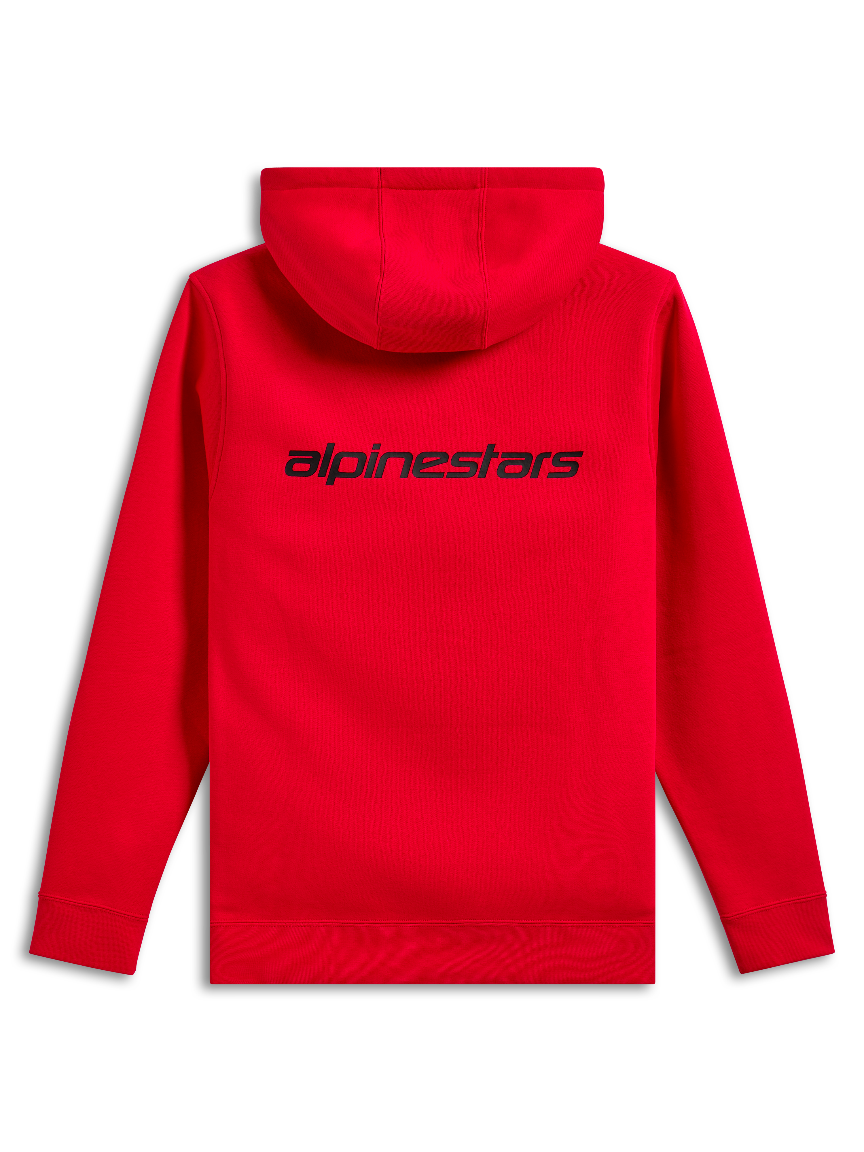 Alpinestars Transverse Hoodie, baksida, röd, med en svart Alpinestars-ordlogotyp på övre delen av ryggen, avslappnad huvtröja med ribbade muddar och fåll.