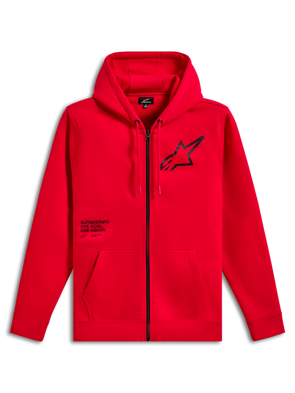 Alpinestars Transverse Hoodie, röd fleecehuvtröja med dragkedja fram, svart Astars-logotyp på bröstet med texttrycket One Goal One Vision, huva med dragsnöre, kängurufickor, ribbade muddar och fåll, avslappnad motorsport-streetwear