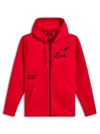 Alpinestars Transverse Hoodie, röd fleecehuvtröja med dragkedja fram, svart Astars-logotyp på bröstet med texttrycket One Goal One Vision, huva med dragsnöre, kängurufickor, ribbade muddar och fåll, avslappnad motorsport-streetwear