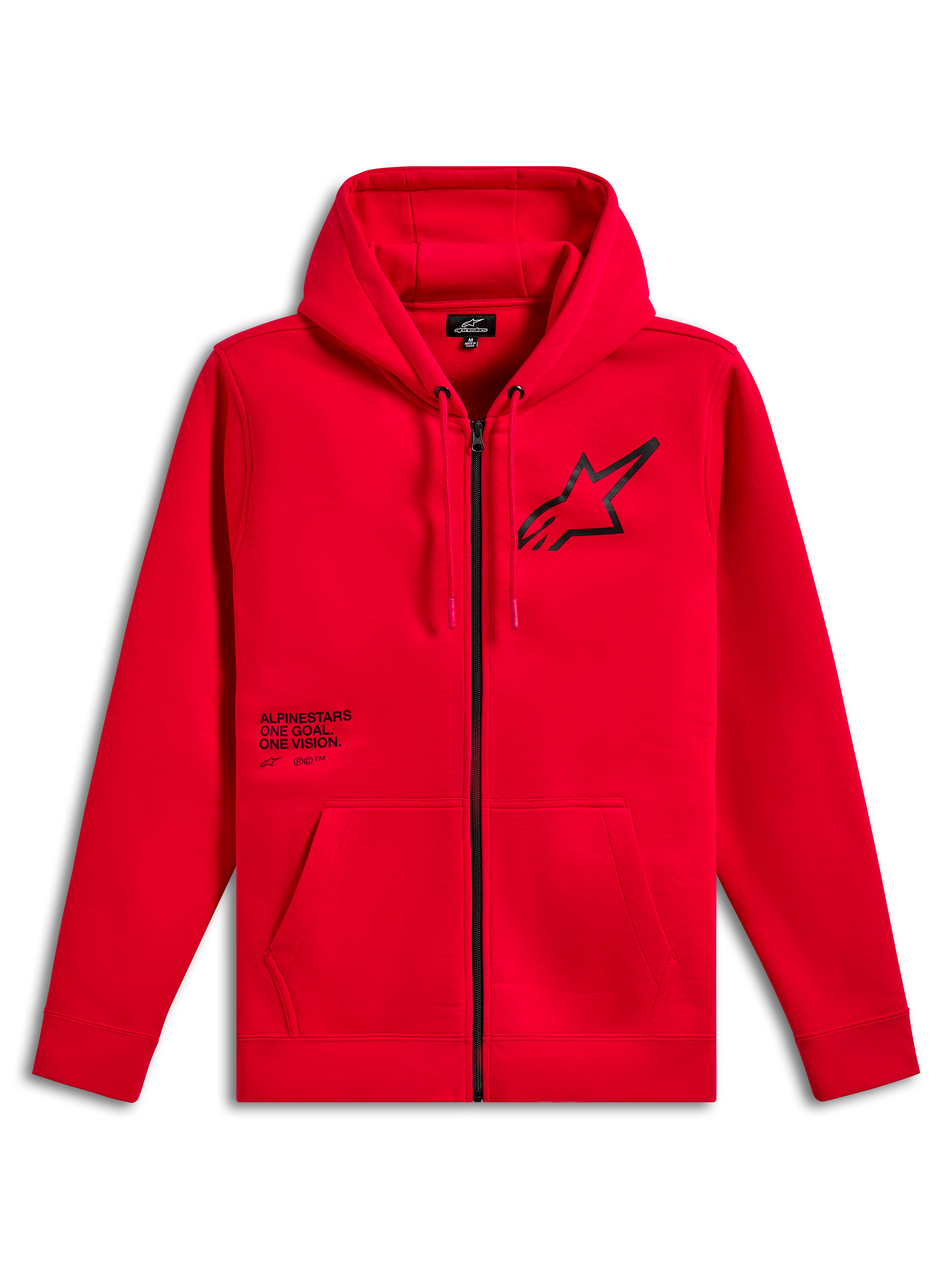 Alpinestars Transverse Hoodie, röd fleecehuvtröja med dragkedja fram, svart Astars-logotyp på bröstet med texttrycket One Goal One Vision, huva med dragsnöre, kängurufickor, ribbade muddar och fåll, avslappnad motorsport-streetwear