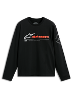 Alpinestars Mandatory CSF Tee, Long Sleeve T-Shirt, Black, White Astars Logo with Reddish-Orange Wordmark, Alpinestars Racing Circular Sleeve Graphic, Casual Motorsport Streetwear
