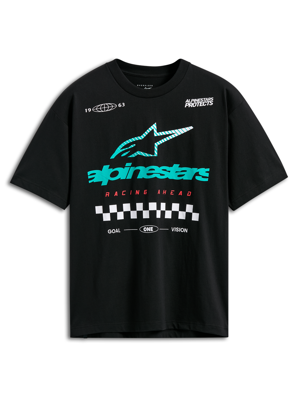 Alpinestars Aplomb Oversized CSF Tee, kortärmad t-shirt, svart med stor turkos- och vitrandig Astars-logotyp, röd 'Racing Ahead'-text och schackrutig grafik, casual motorsport-streetwear