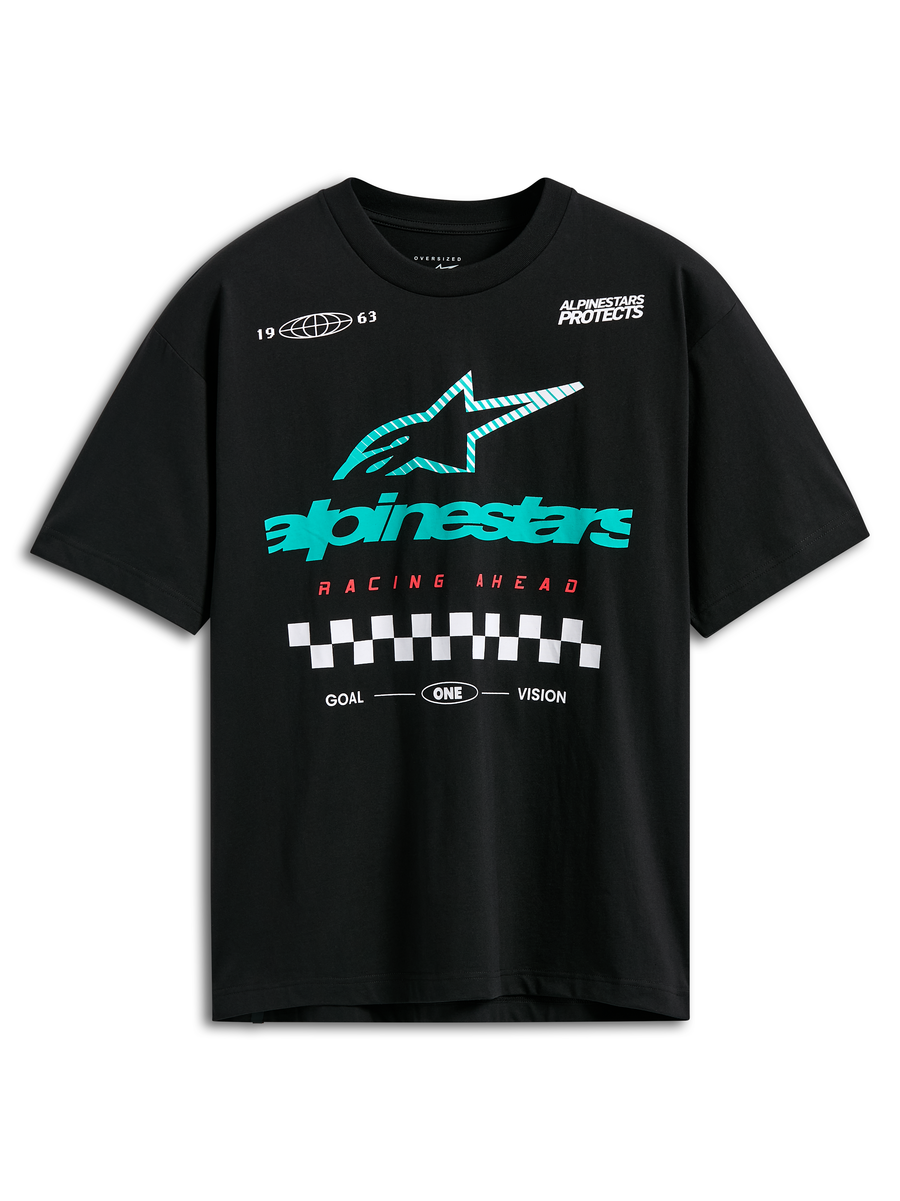 Alpinestars Aplomb Oversized CSF Tee, kortärmad t-shirt, svart med stor turkos- och vitrandig Astars-logotyp, röd 'Racing Ahead'-text och schackrutig grafik, casual motorsport-streetwear