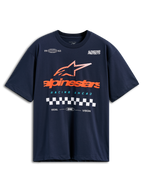 Alpinestars Aplomb Oversized CSF Tee, Short Sleeve T-Shirt, Navy Blue, Large Orange Alpinestars Logo with Striped Star and Checkered Flag Detail, Casual Motorsport Streetwear