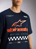 Alpinestars Aplomb Oversized CSF Tee, Short Sleeve T-Shirt, Navy Blue, Featuring large orange striped Astars star logo and checkered racing graphic, Casual Motorsport Sportswear