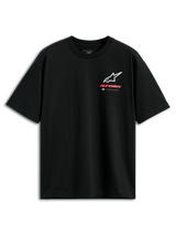 Alpinestars Overhang Oversized CSF t-shirt, kortärmad tröja, svart, Astars logokombination i vitt och rött på framsidan med 'Premium Racewear'-märkning, oversized passform, avslappnad motorsport-streetwear