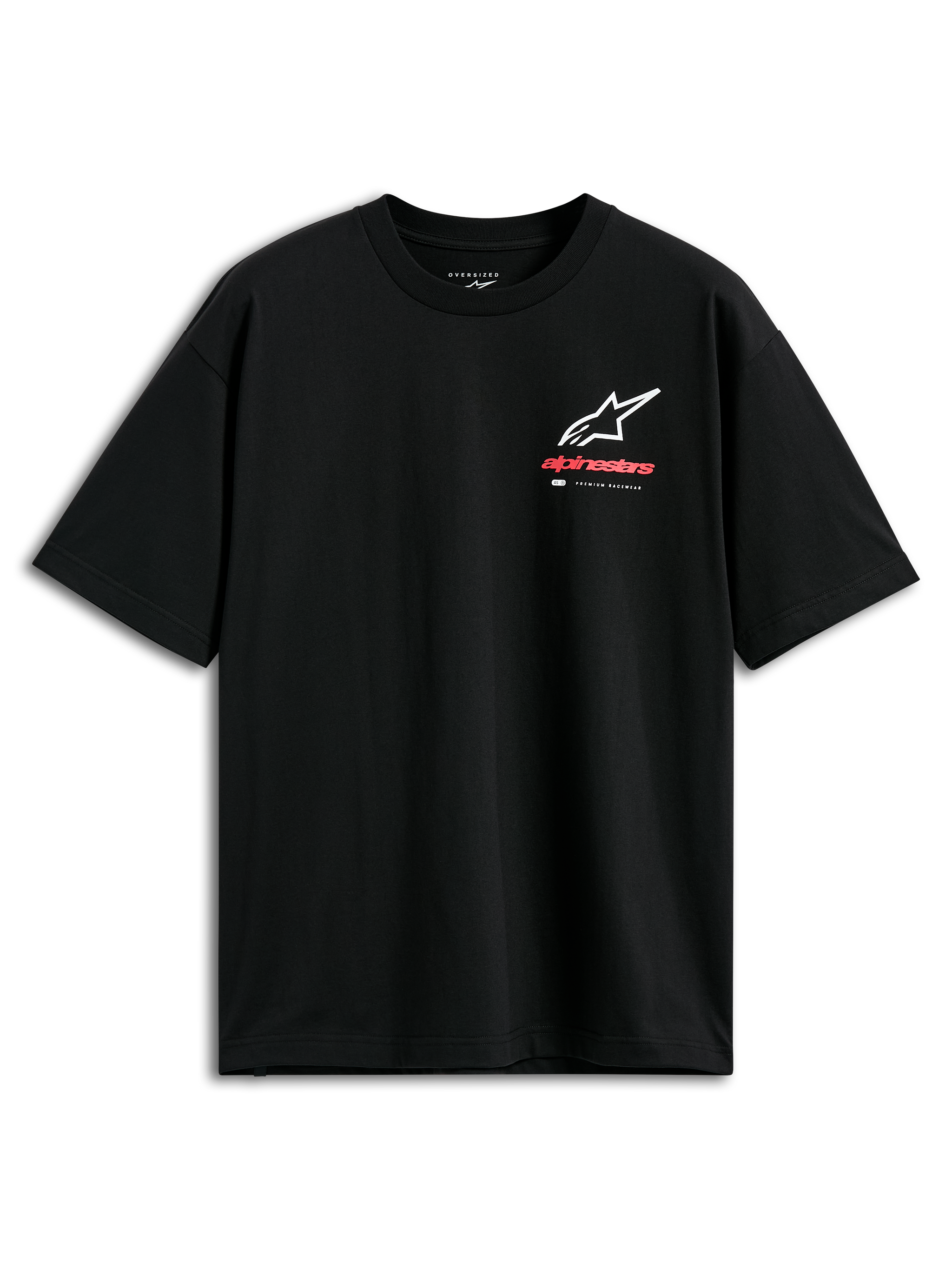Alpinestars Overhang Oversized CSF t-shirt, kortärmad tröja, svart, Astars logokombination i vitt och rött på framsidan med 'Premium Racewear'-märkning, oversized passform, avslappnad motorsport-streetwear