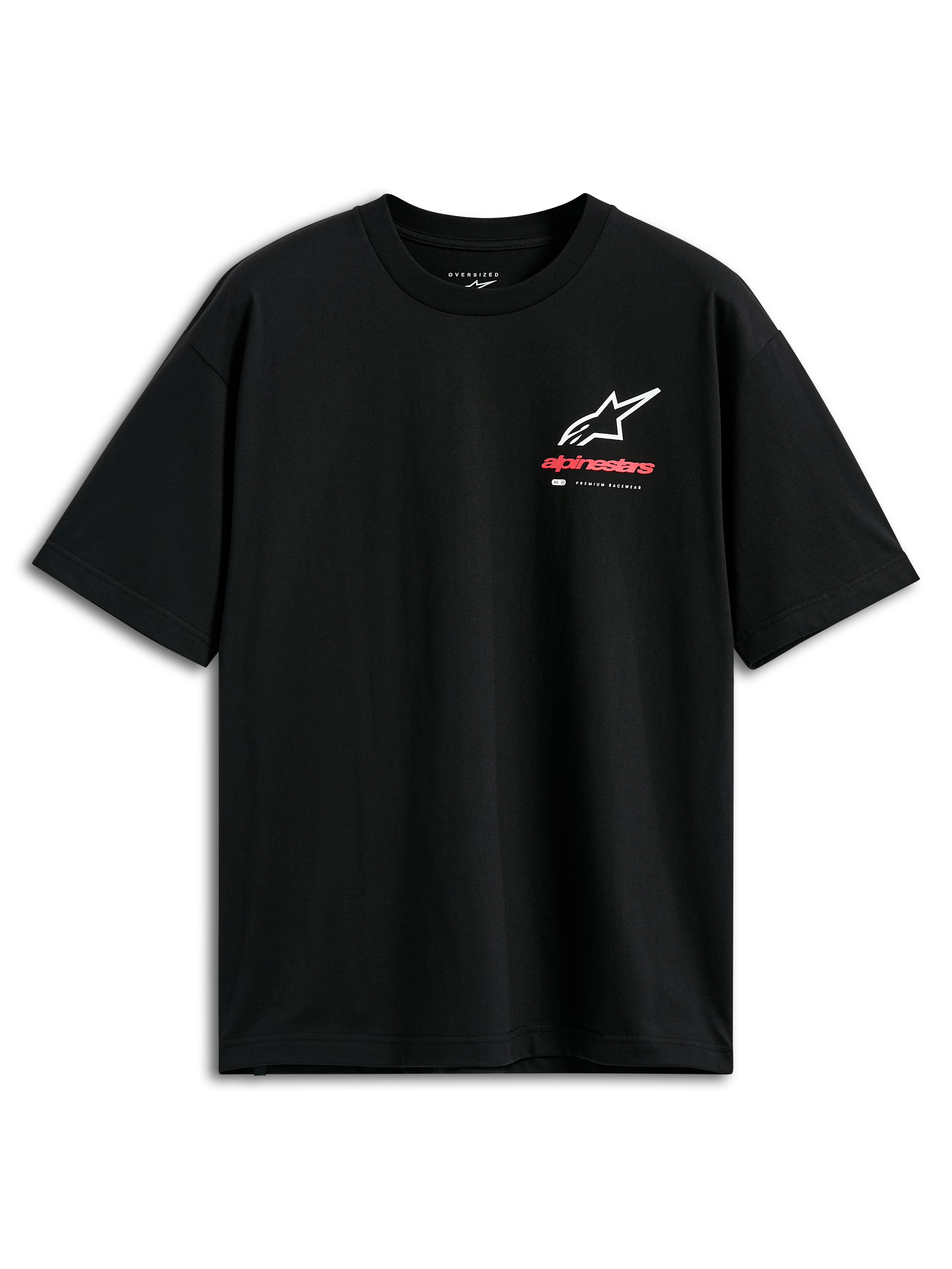 Alpinestars Overhang Oversized CSF t-shirt, kortärmad tröja, svart, Astars logokombination i vitt och rött på framsidan med 'Premium Racewear'-märkning, oversized passform, avslappnad motorsport-streetwear