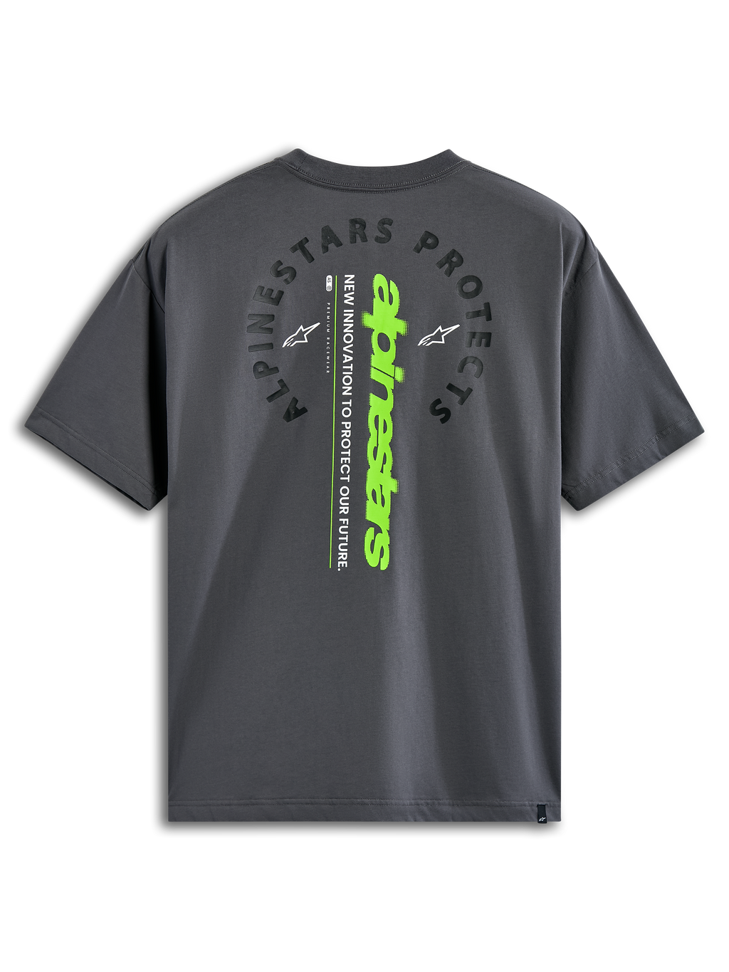 Alpinestars Overhang Oversized CSF Tee, Short Sleeve T-Shirt, Charcoal, Back view featuring arched 'Alpinestars Protects' text and a vertical lime green wordmark, casual motorsport-inspired streetwear
