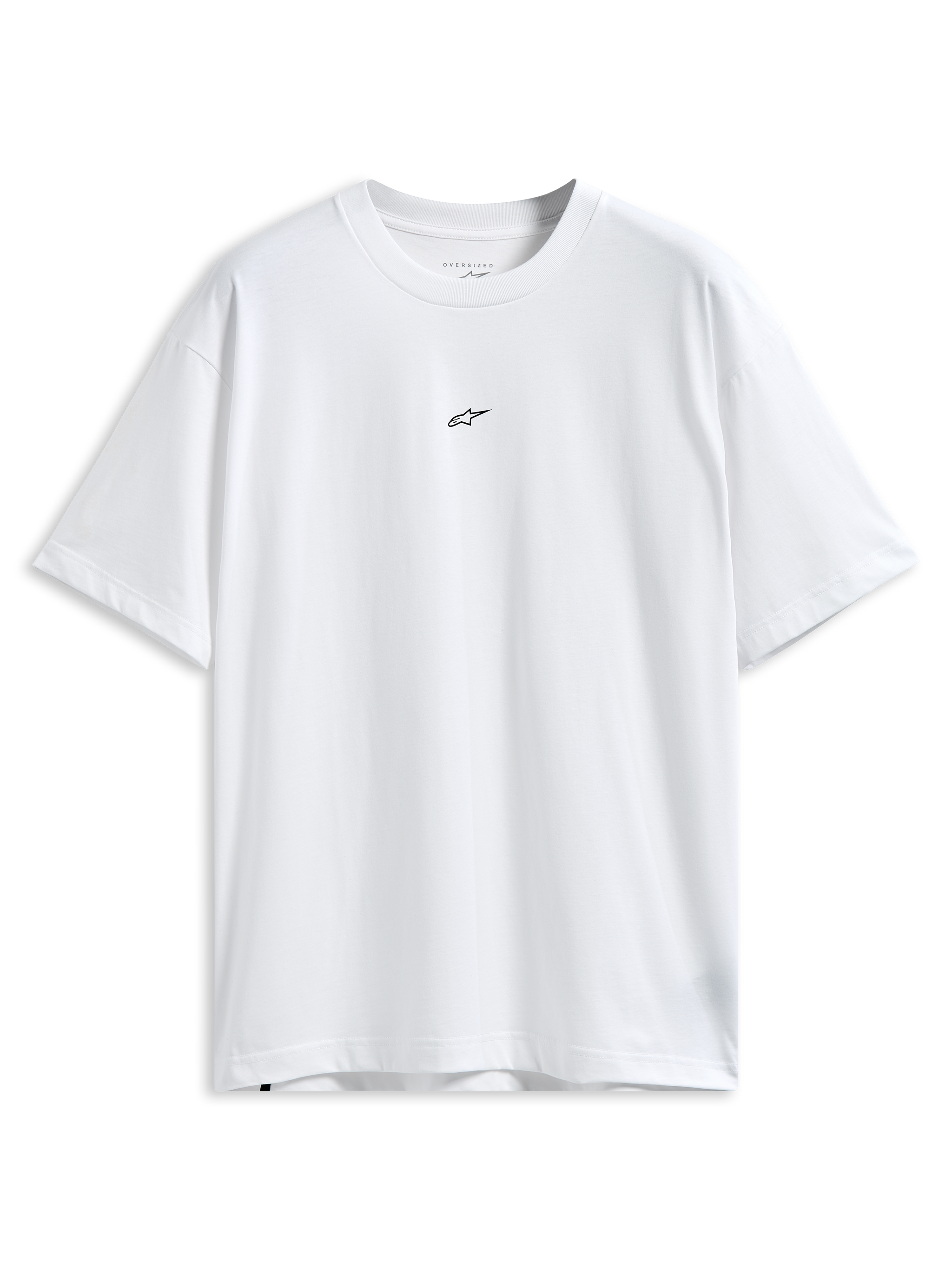 Alpinestars Focused Oversized CSF Tee, kortärmad t-shirt, vit, liten svart Astars-logotyp på bröstet, avslappnad oversized-passform, avslappnat motorsport-streetwear
