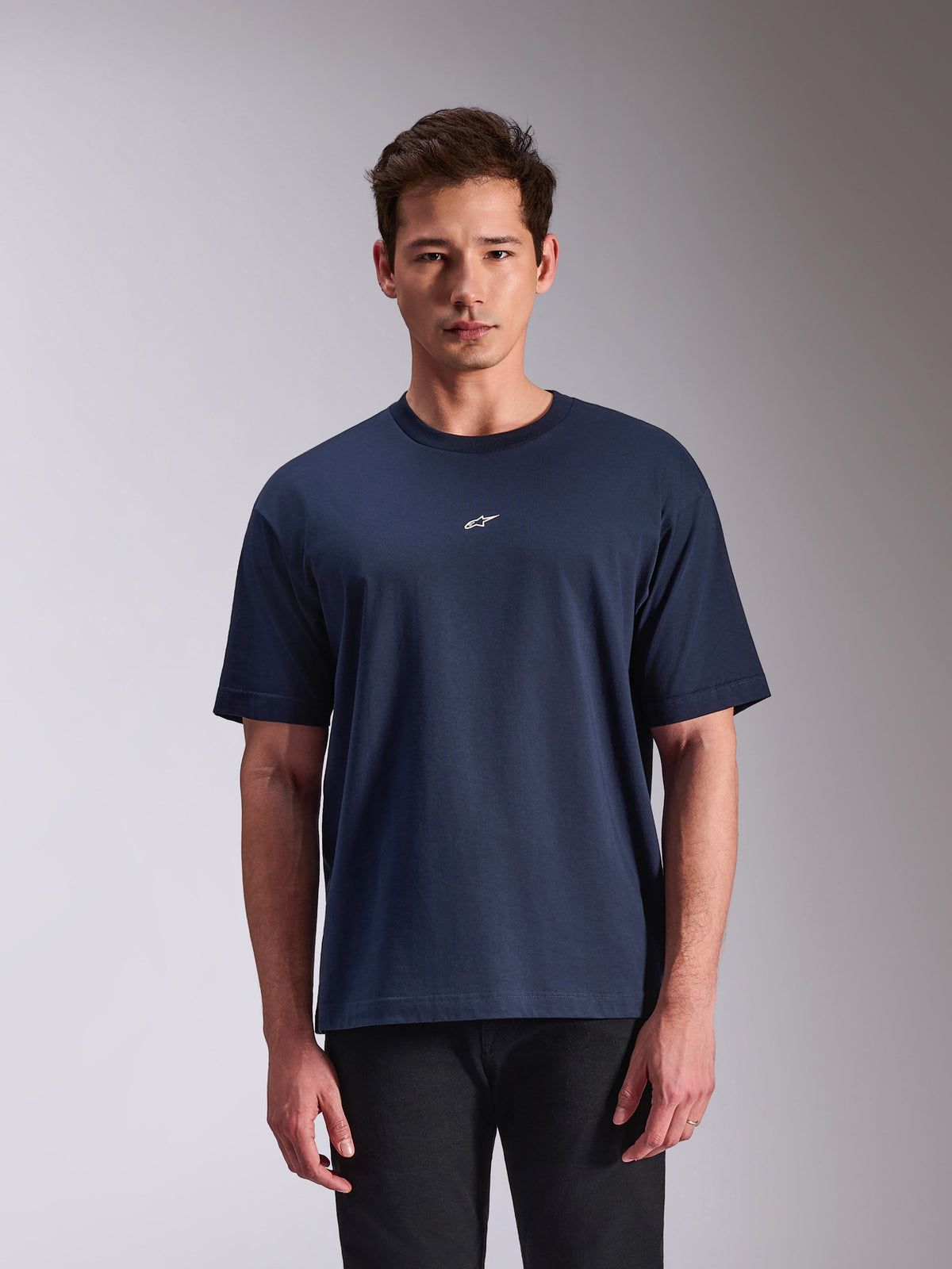 Alpinestars Focused Oversized CSF Tee, Short Sleeve T-Shirt, Navy Blue, small white Astars logo on chest, casual motorsport-inspired streetwear