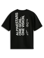 Alpinestars One Oversized CSF Tee, kortärmad t-shirt, svart, vy bakifrån med vertikal vit 'ALPINESTARS ONE GOAL. ONE VISION.'-text och Astars-logotyp, casual motorsport-streetwear