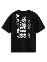 Alpinestars One Oversized CSF Tee, kortärmad t-shirt, svart, vy bakifrån med vertikal vit 'ALPINESTARS ONE GOAL. ONE VISION.'-text och Astars-logotyp, casual motorsport-streetwear