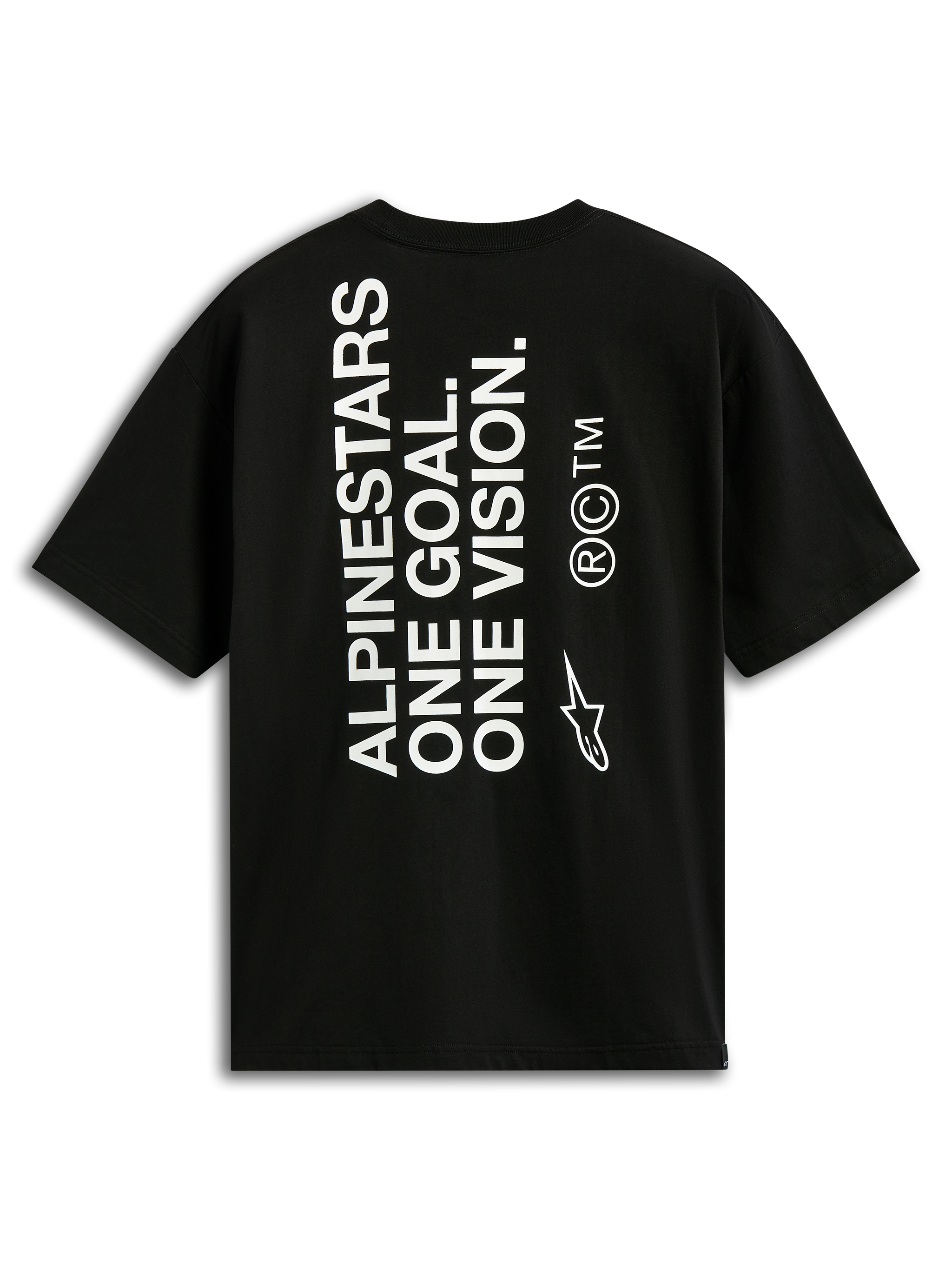 Alpinestars One Oversized CSF Tee, kortärmad t-shirt, svart, vy bakifrån med vertikal vit 'ALPINESTARS ONE GOAL. ONE VISION.'-text och Astars-logotyp, casual motorsport-streetwear