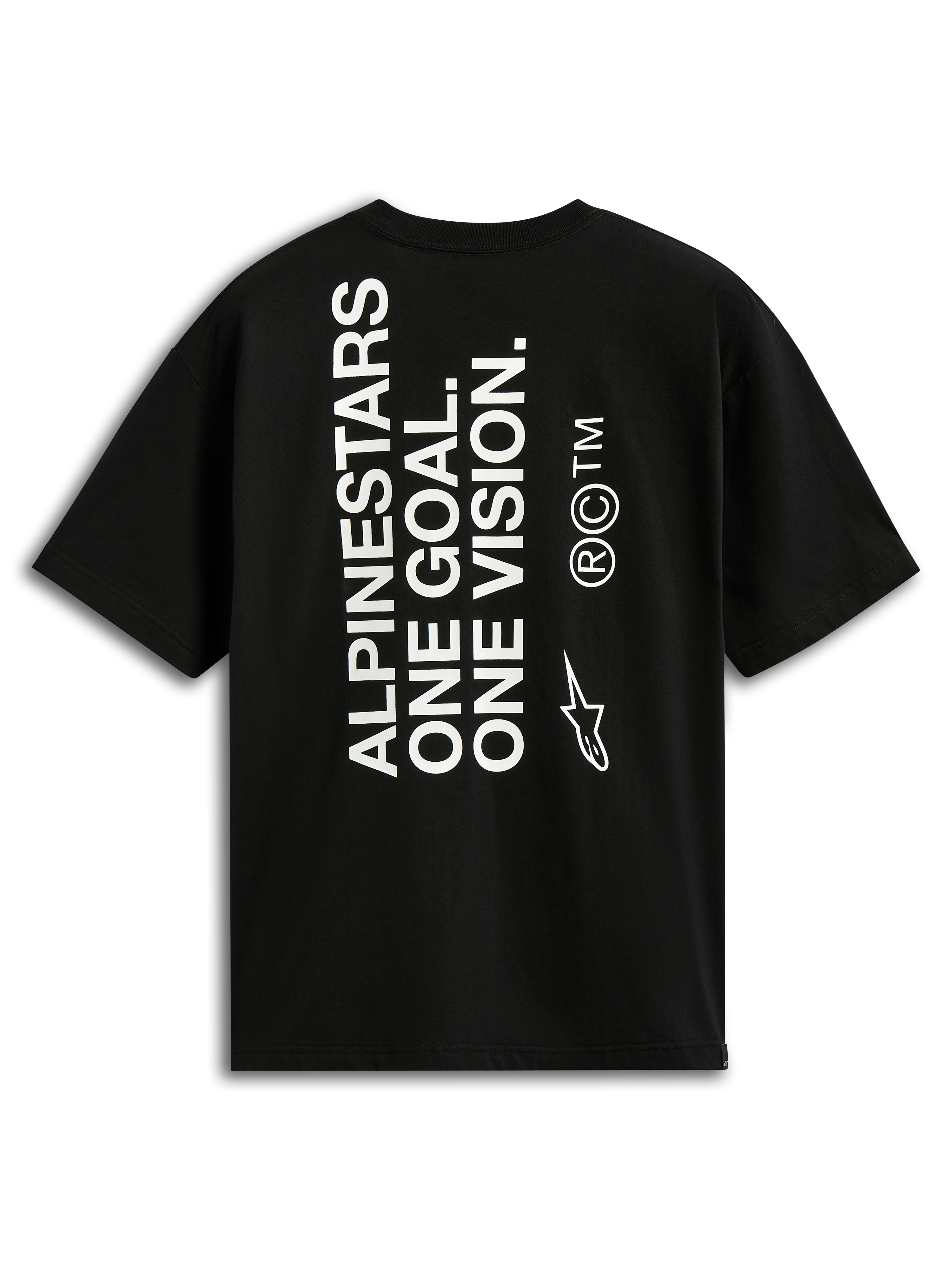 Alpinestars One Oversized CSF Tee, kortärmad t-shirt, svart, vy bakifrån med vertikal vit 'ALPINESTARS ONE GOAL. ONE VISION.'-text och Astars-logotyp, casual motorsport-streetwear