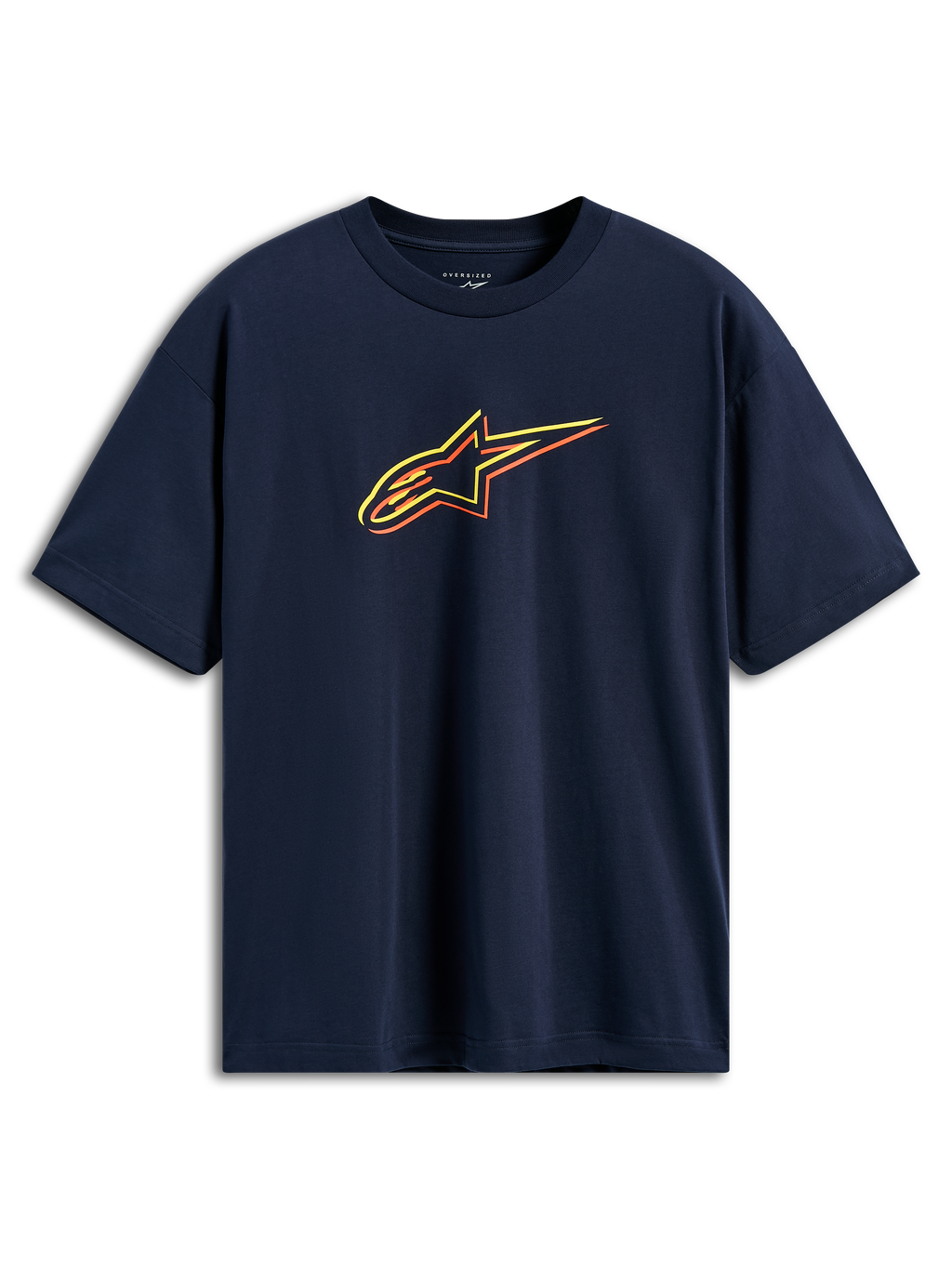 Alpinestars Alter Oversized CSF Tee, kortärmad t-shirt, marinblå, Astars-logotyp med färgförskjutna konturer i gult, orange och rött, avslappnad motorsport-streetwear