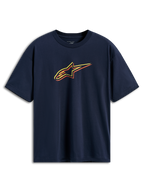 Alpinestars Alter Oversized CSF Tee, kortärmad t-shirt, marinblå, Astars-logotyp med färgförskjutna konturer i gult, orange och rött, avslappnad motorsport-streetwear