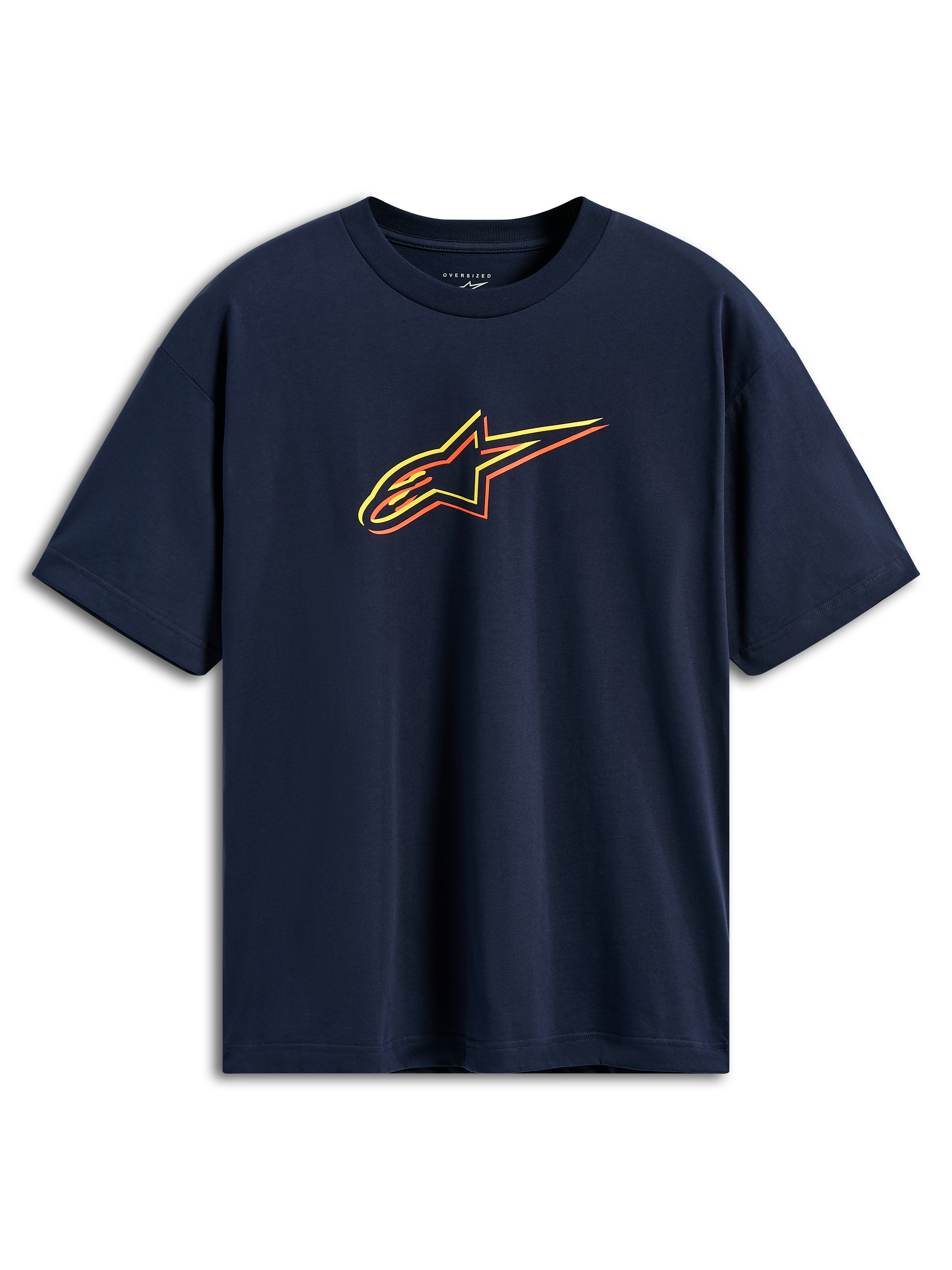Alpinestars Alter Oversized CSF Tee, kortärmad t-shirt, marinblå, Astars-logotyp med färgförskjutna konturer i gult, orange och rött, avslappnad motorsport-streetwear