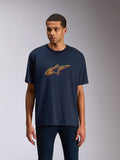Alpinestars Alter Oversized CSF Tee, kortärmad t-shirt, marinblå, orange och gul Astars-logotyp med färgförskjutning, casual motorsport-streetwear