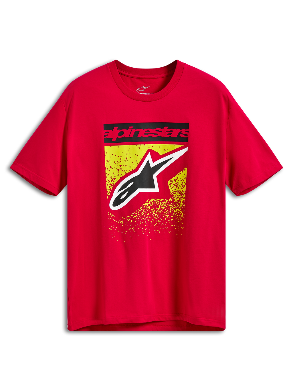 Alpinestars Noka CSF Tee, kortärmad t-shirt, röd, grafiskt tryck på framsidan med ett svart Alpinestars-textfält och en stor Astars-logotyp över ett gult och rött MX-graderat stänk, vardagliga motorsportkläder