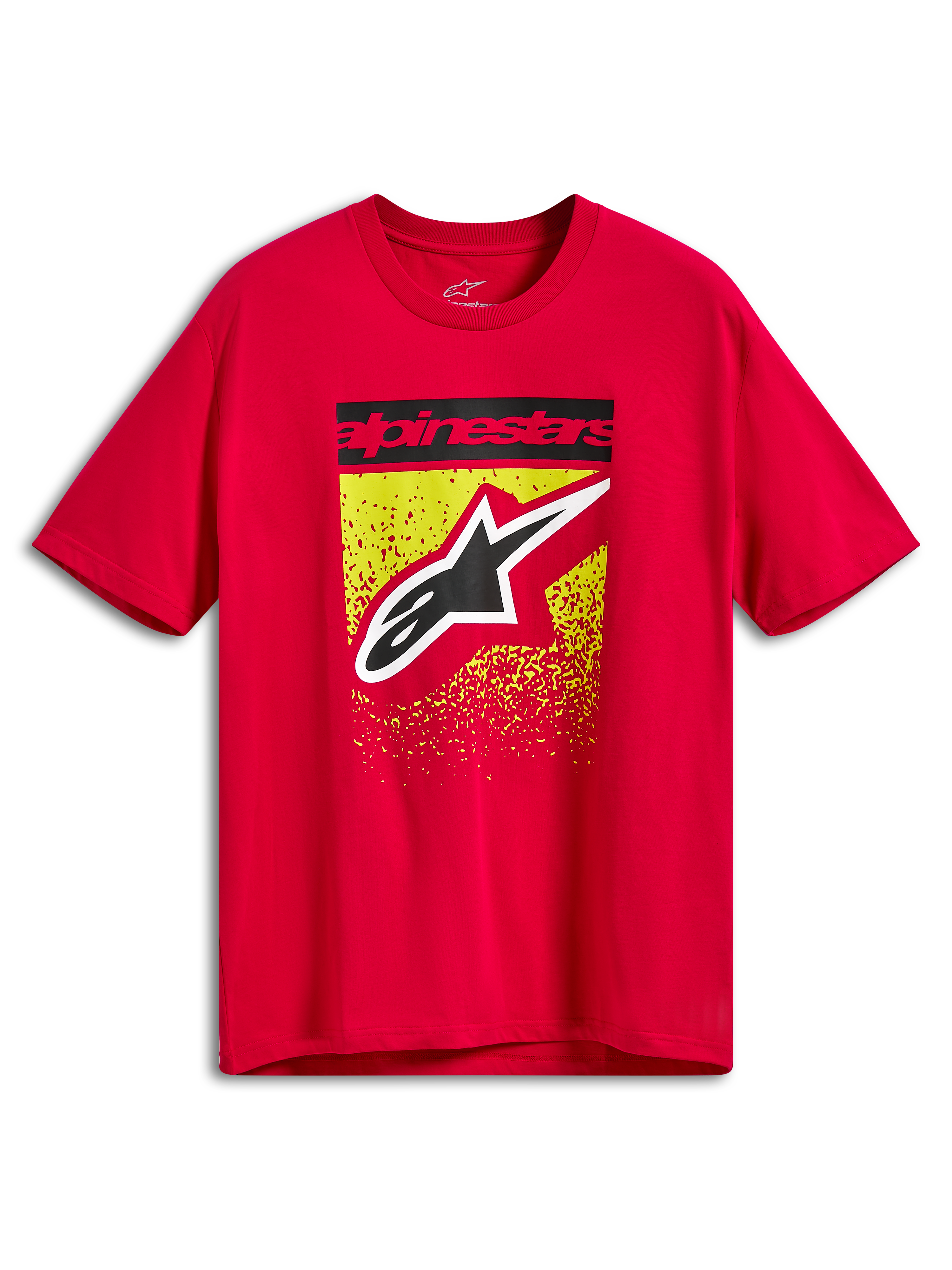 Alpinestars Noka CSF Tee, kortärmad t-shirt, röd, grafiskt tryck på framsidan med ett svart Alpinestars-textfält och en stor Astars-logotyp över ett gult och rött MX-graderat stänk, vardagliga motorsportkläder