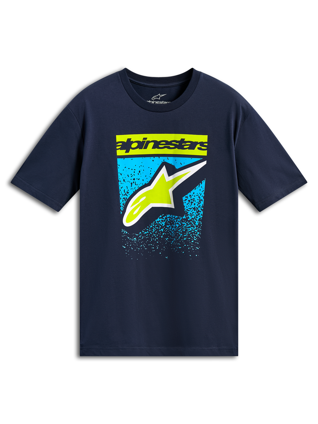 Alpinestars Noka CSF Tee, kortärmad t-shirt, marinblå, limegrön textlogotyp och Astars-logotyp med blå gradientgrafik, casual motorsport-streetwear