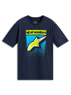 Alpinestars Noka CSF Tee, kortärmad t-shirt, marinblå, limegrön textlogotyp och Astars-logotyp med blå gradientgrafik, casual motorsport-streetwear