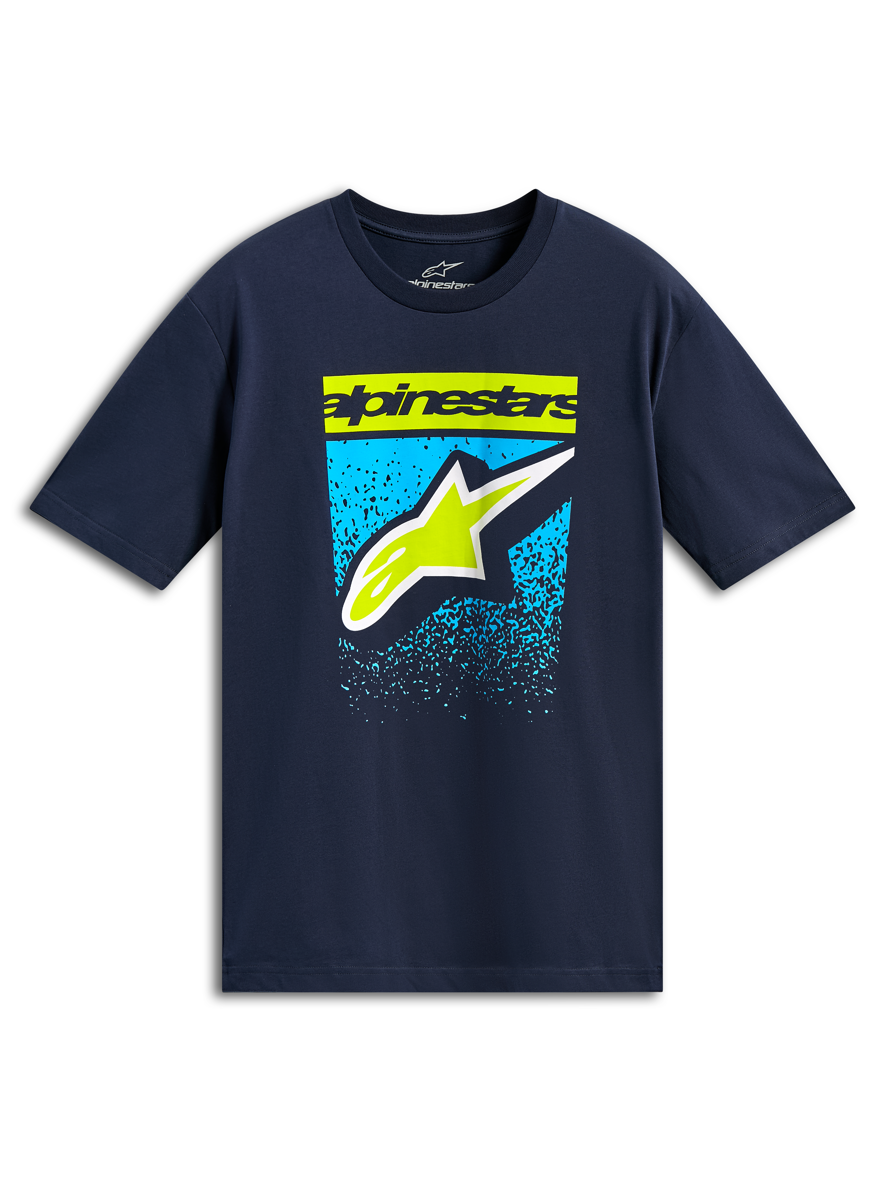 Alpinestars Noka CSF Tee, kortärmad t-shirt, marinblå, limegrön textlogotyp och Astars-logotyp med blå gradientgrafik, casual motorsport-streetwear