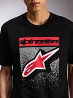 Alpinestars Noka CSF Tee, Short Sleeve T-Shirt, Black, Front Graphic with Red Alpinestars Wordmark and Red and White Astars Logo on Grey MX Gradation, Casual Motorsport Streetwear