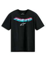 Alpinestars Ellipsoid CSF Tee, kortärmad t-shirt, svart, böjd blågrön Astars-text med rosa färggradient och vit logotyp, casual motorsport sportkläder