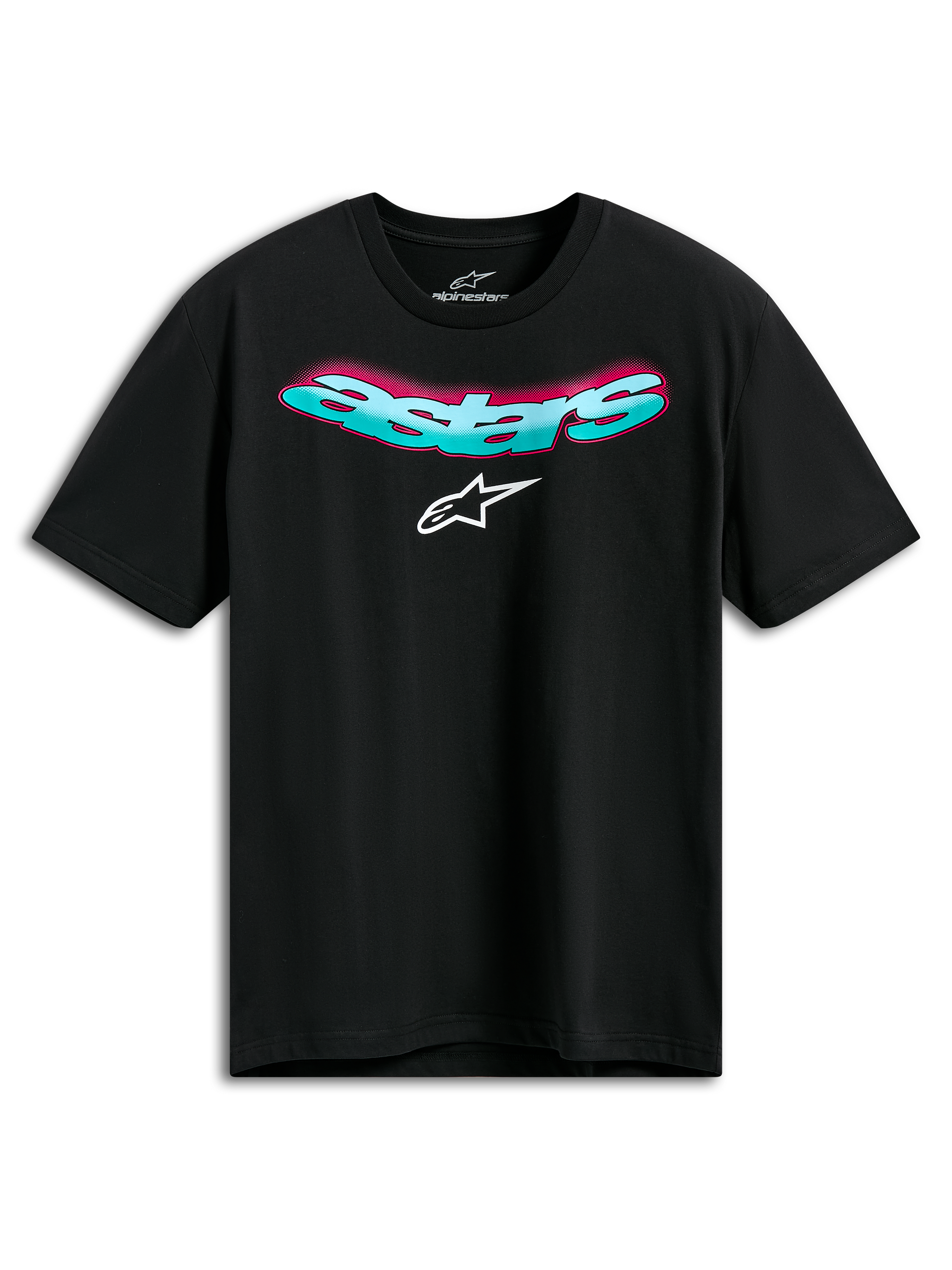 Alpinestars Ellipsoid CSF Tee, kortärmad t-shirt, svart, böjd blågrön Astars-text med rosa färggradient och vit logotyp, casual motorsport sportkläder