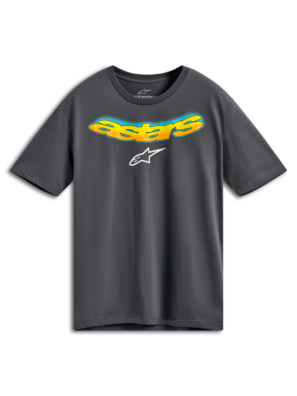 Alpinestars Ellipsoid CSF Tee, kortärmad t-shirt, mörkgrå, böjd Astars-text på framsidan med orange och gul färggradient och blå halftone-detalj, vit Alpinestars-logotyp, vardagliga sportkläder
