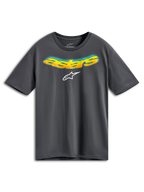 Alpinestars Ellipsoid CSF Tee, kortärmad t-shirt, mörkgrå, böjd Astars-text på framsidan med orange och gul färggradient och blå halftone-detalj, vit Alpinestars-logotyp, vardagliga sportkläder