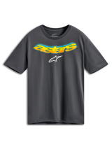 Alpinestars Ellipsoid CSF Tee, Short Sleeve T-Shirt, Charcoal Gray, Front Curved Astars Word with Orange and Yellow Gradient and Blue Halftone Detail, White Alpinestars Logo, Casual Sportswear