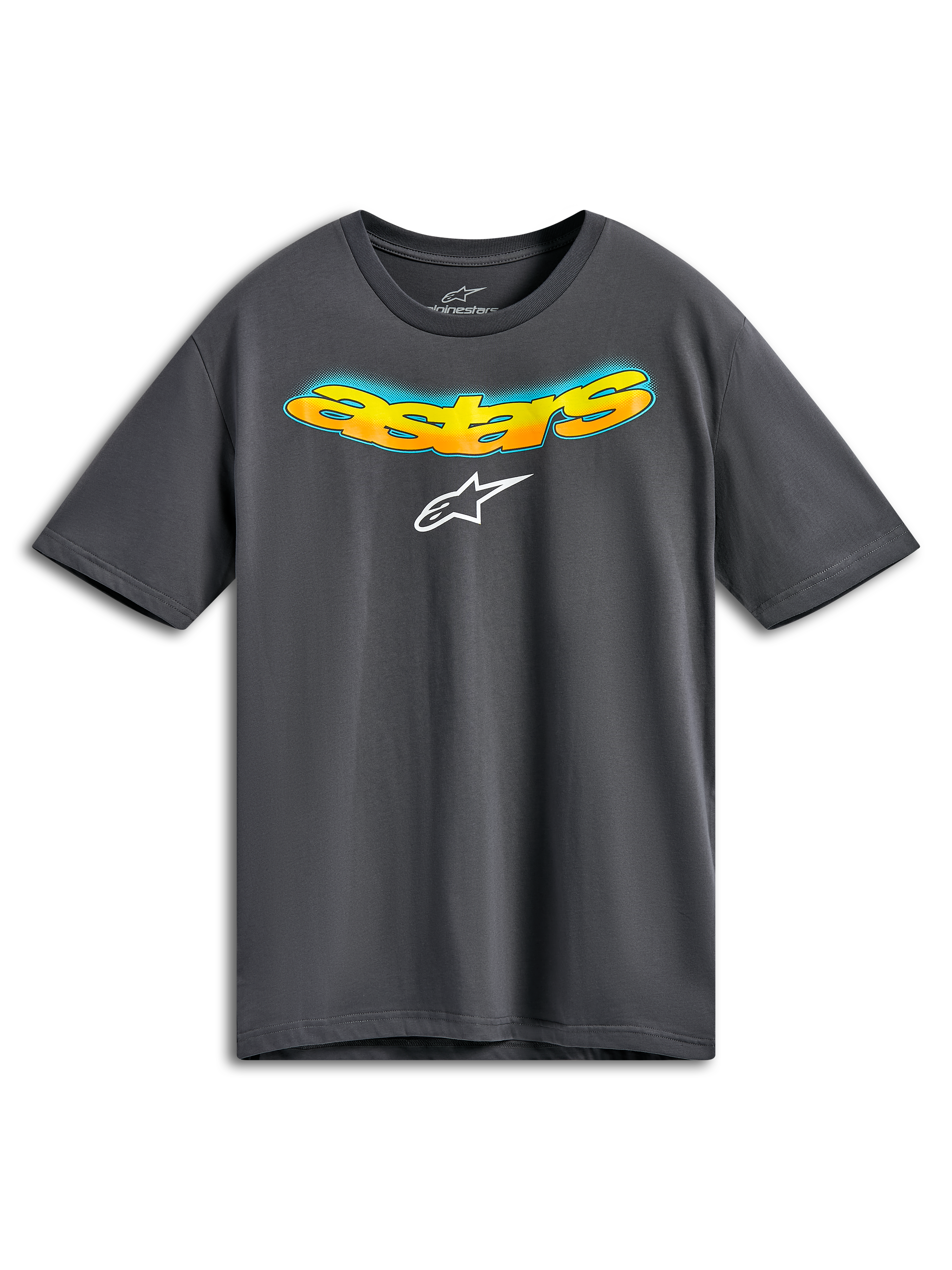 Alpinestars Ellipsoid CSF Tee, kortärmad t-shirt, mörkgrå, böjd Astars-text på framsidan med orange och gul färggradient och blå halftone-detalj, vit Alpinestars-logotyp, vardagliga sportkläder