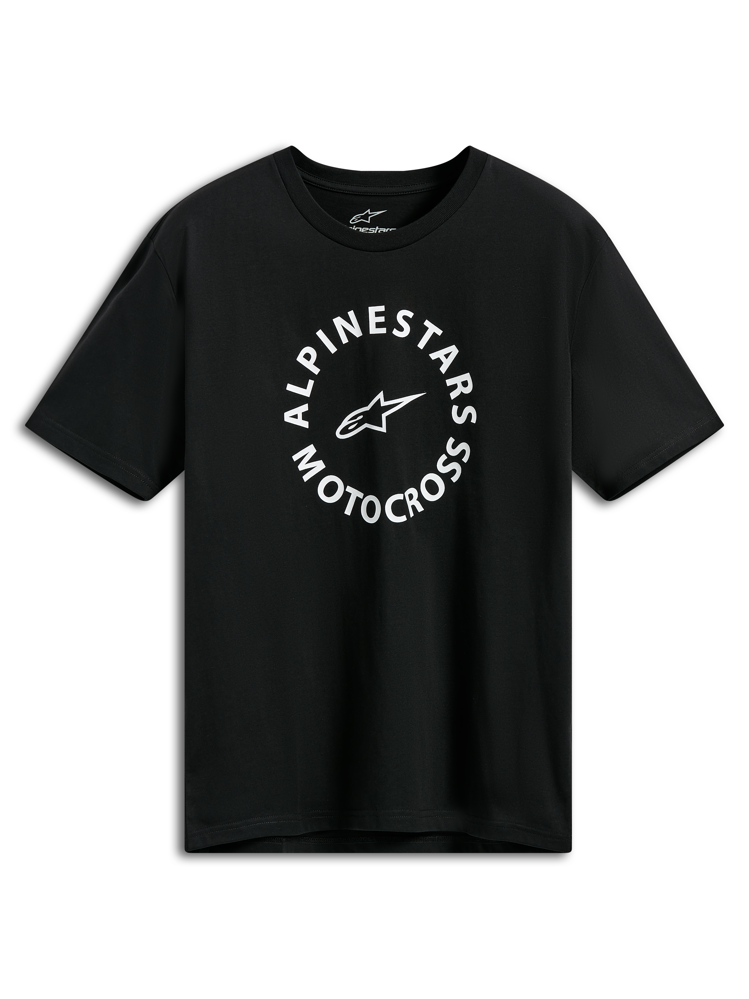 Alpinestars MX CSF Tee, kortärmad t-shirt, svart med vit cirkulär Alpinestars Motocross-grafik, casual motorsport streetwear