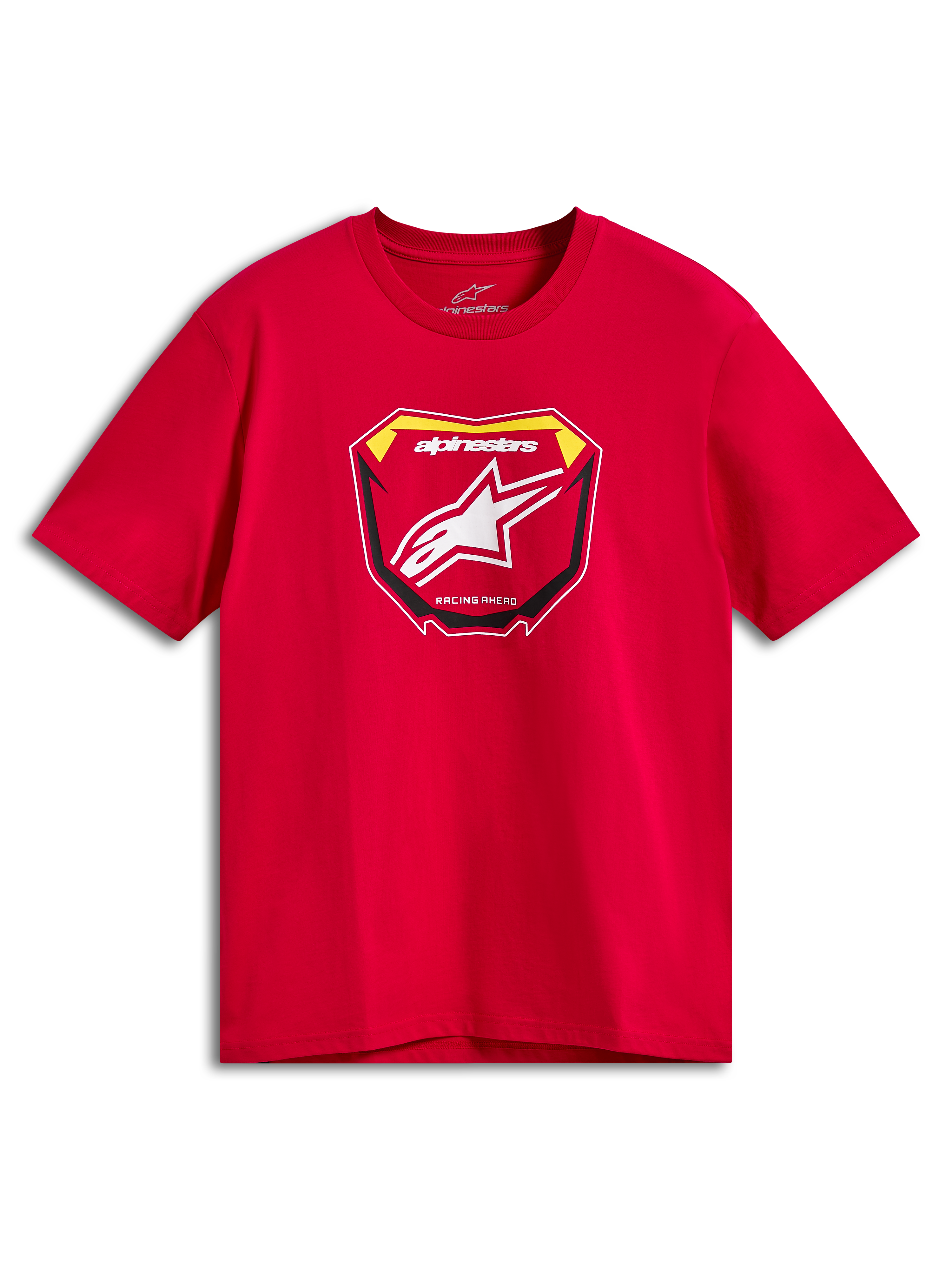 Alpinestars Plate CSF Tee, Short Sleeve T-Shirt, Red, Front MX Plate Graphic with White Astars Logo and Racing Ahead Text, Casual Motorsport Sportswear
