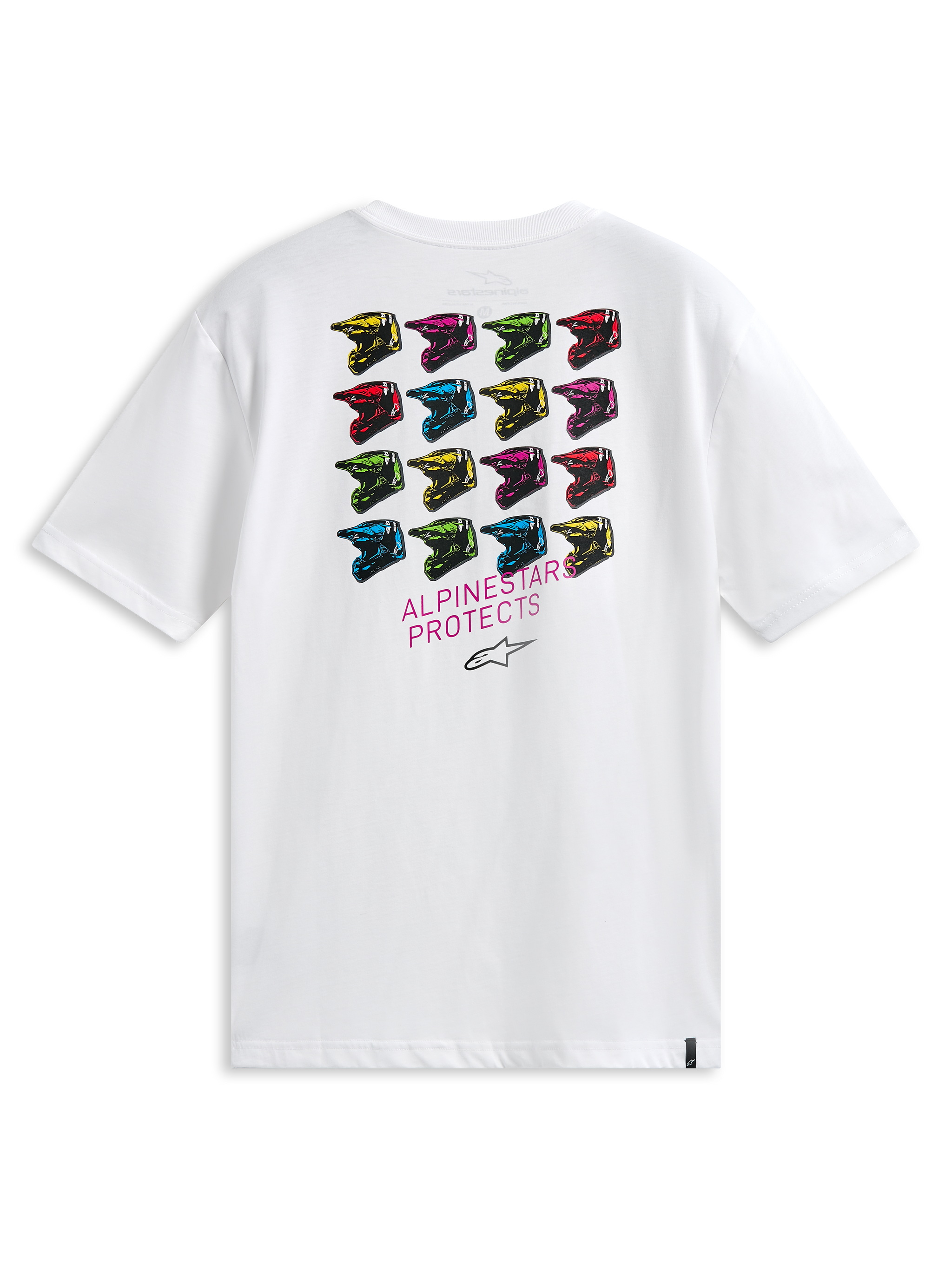 Alpinestars Pop Helmet CSF Tee, kortärmad t-shirt, vit, vy bakifrån med ett rutnät av flerfärgade M10-hjälmar och texten ALPINESTARS PROTECTS, avslappnad motorsport-inspirerad streetwear