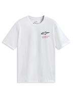 Alpinestars Pop Helmet CSF Tee, Short Sleeve T-Shirt, White, featuring front Astars logo and colorful M10 Helmet graphic on the back, Casual Motorsport Sportswear