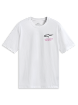 Alpinestars Pop Helmet CSF Tee, kortärmad t-shirt, vit, med Astars-logotyp på framsidan och färgglad M10-hjälm-grafik på baksidan, vardagliga motorsport-sportkläder