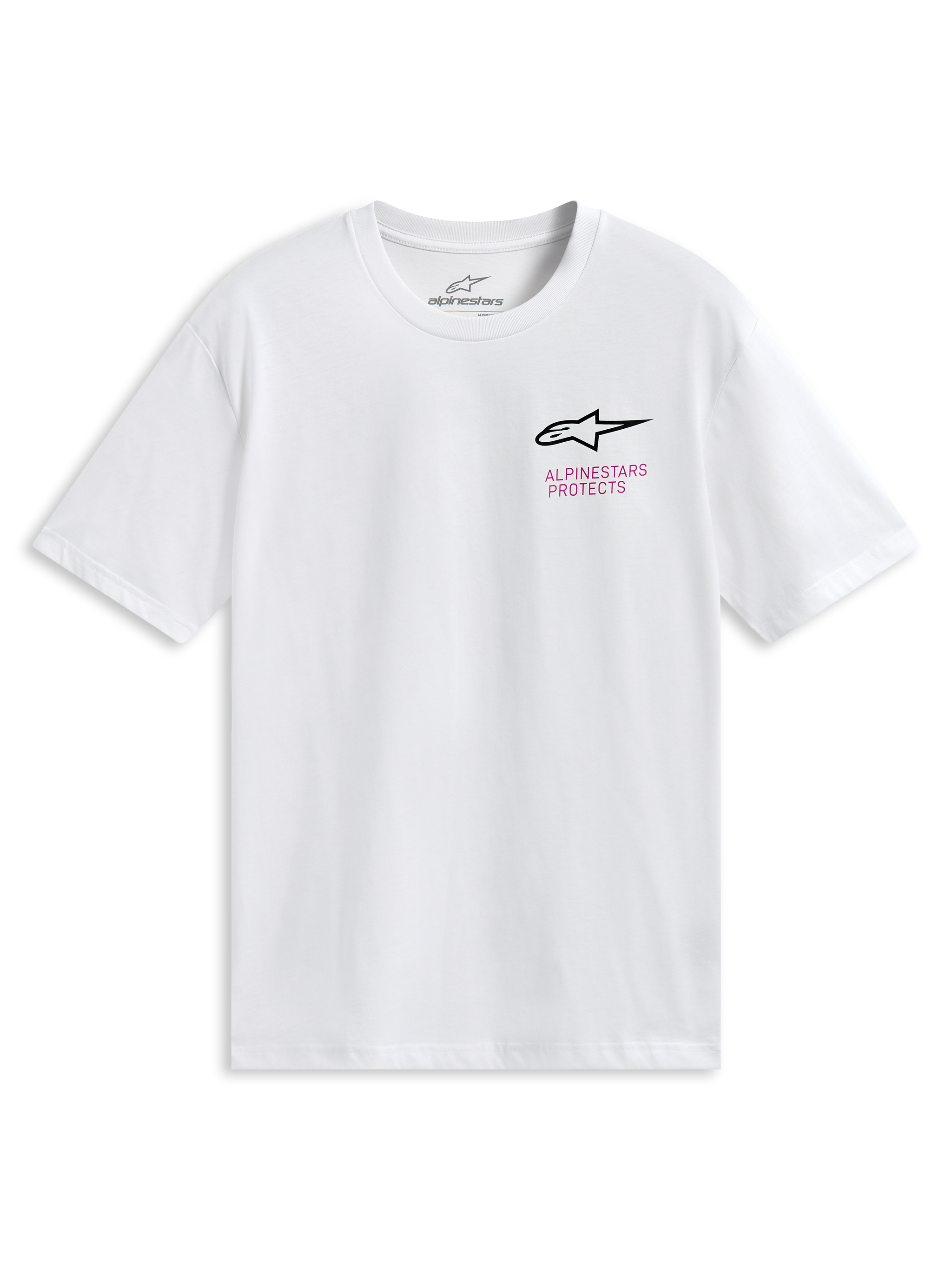 Alpinestars Pop Helmet CSF Tee, kortärmad t-shirt, vit, med Astars-logotyp på framsidan och färgglad M10-hjälm-grafik på baksidan, vardagliga motorsport-sportkläder