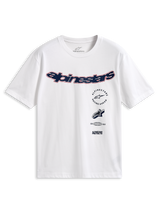 Alpinestars Abus CSF Tee, kortärmad t-shirt, vit, böjd marinblå Alpinestars-logotyp med röd kontur, flera staplade grafiska tryck på framsidan, casual motorsport-streetwear
