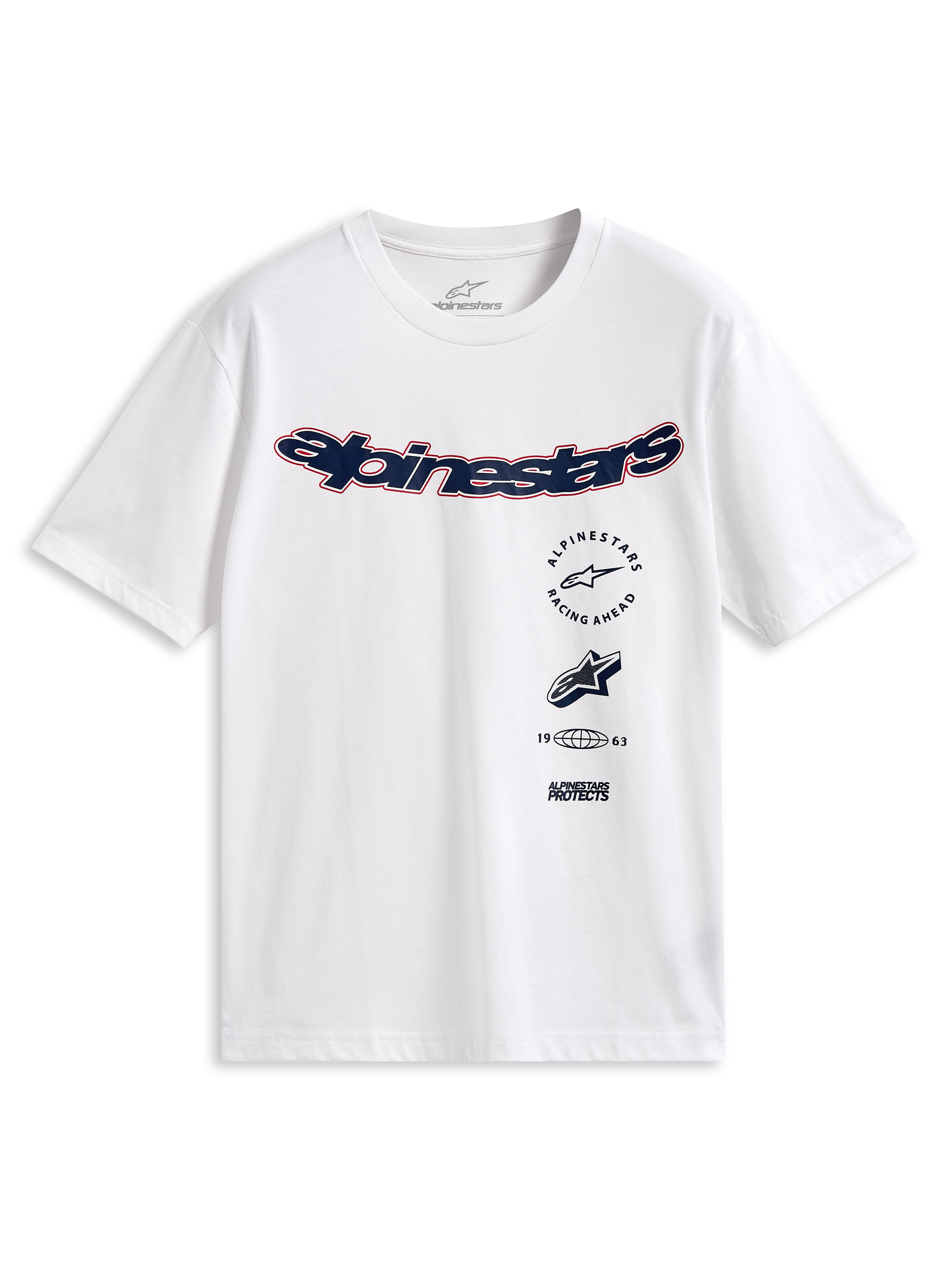 Alpinestars Abus CSF Tee, kortärmad t-shirt, vit, böjd marinblå Alpinestars-logotyp med röd kontur, flera staplade grafiska tryck på framsidan, casual motorsport-streetwear