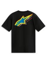 Alpinestars Angler CSF Tee, kortärmad t-shirt, svart, baksida med flerfärgad Astars-logotyp med blå perforerad fyllning och "Racing Ahead"-text, vardaglig motorsport-streetwear