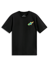 Alpinestars Angler CSF Tee, kortärmad t-shirt, svart, livfull flerfärgad Astars-logotyp med blå stjärna och gul kant på bröstet, vardaglig motorsport-streetwear